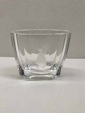 Vintage Orrefors Sweden Signed Etched Crystal Vase Girl With Flowers Small Chip